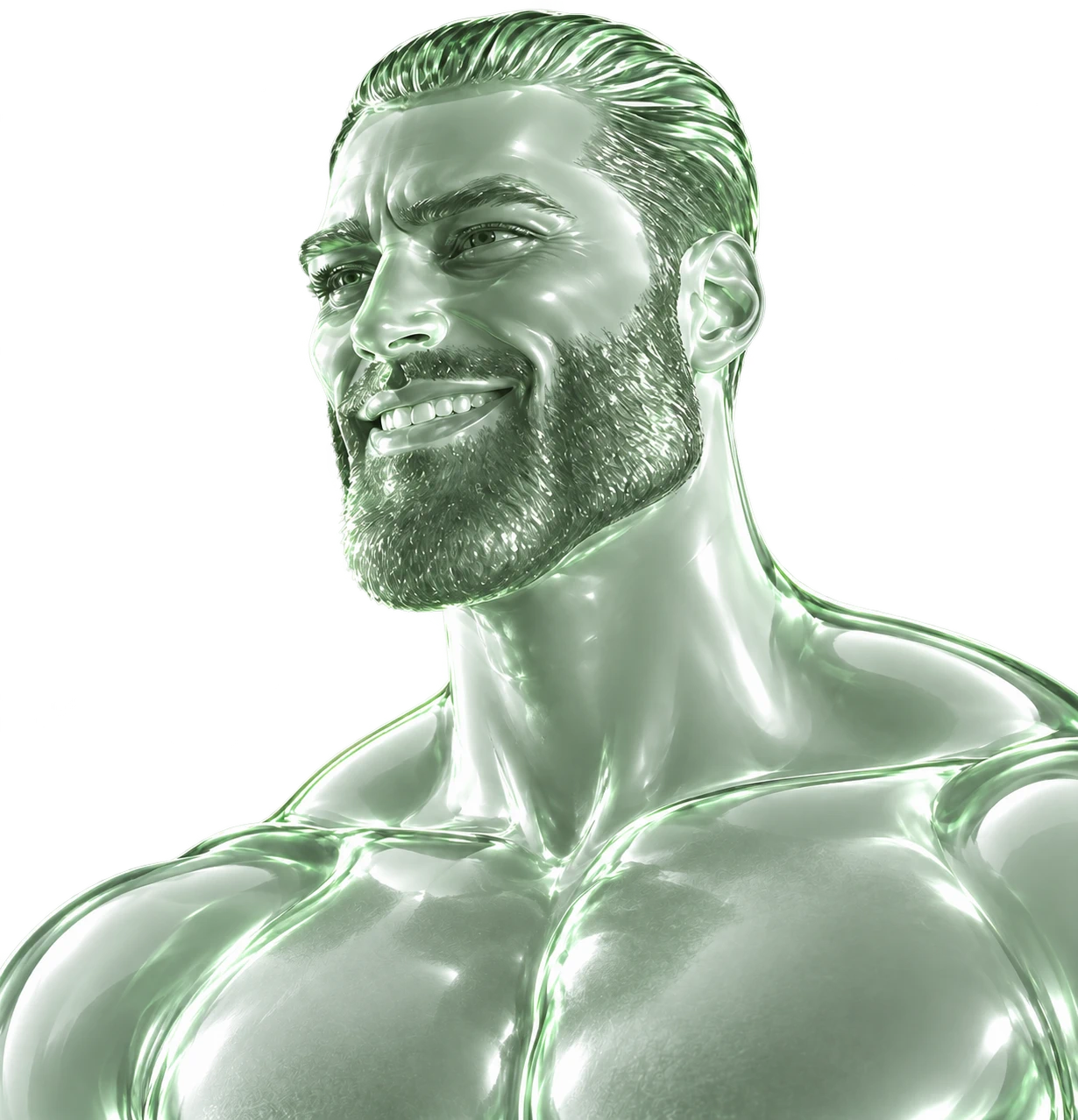 A smiling translucent mint-glass GigaPons character